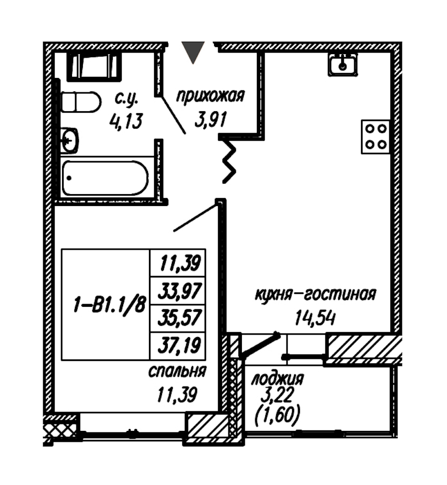 1-комнатная квартира 35.57 м², 4/9 эт., ЖК «Уютный»