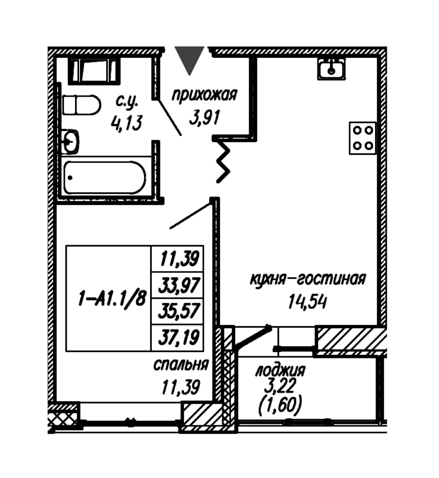 1-комнатная квартира 35.57 м², 7/9 эт., ЖК «Уютный»