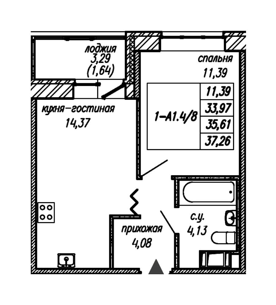 1-комнатная квартира 35.61 м², 5/9 эт., ЖК «Уютный»