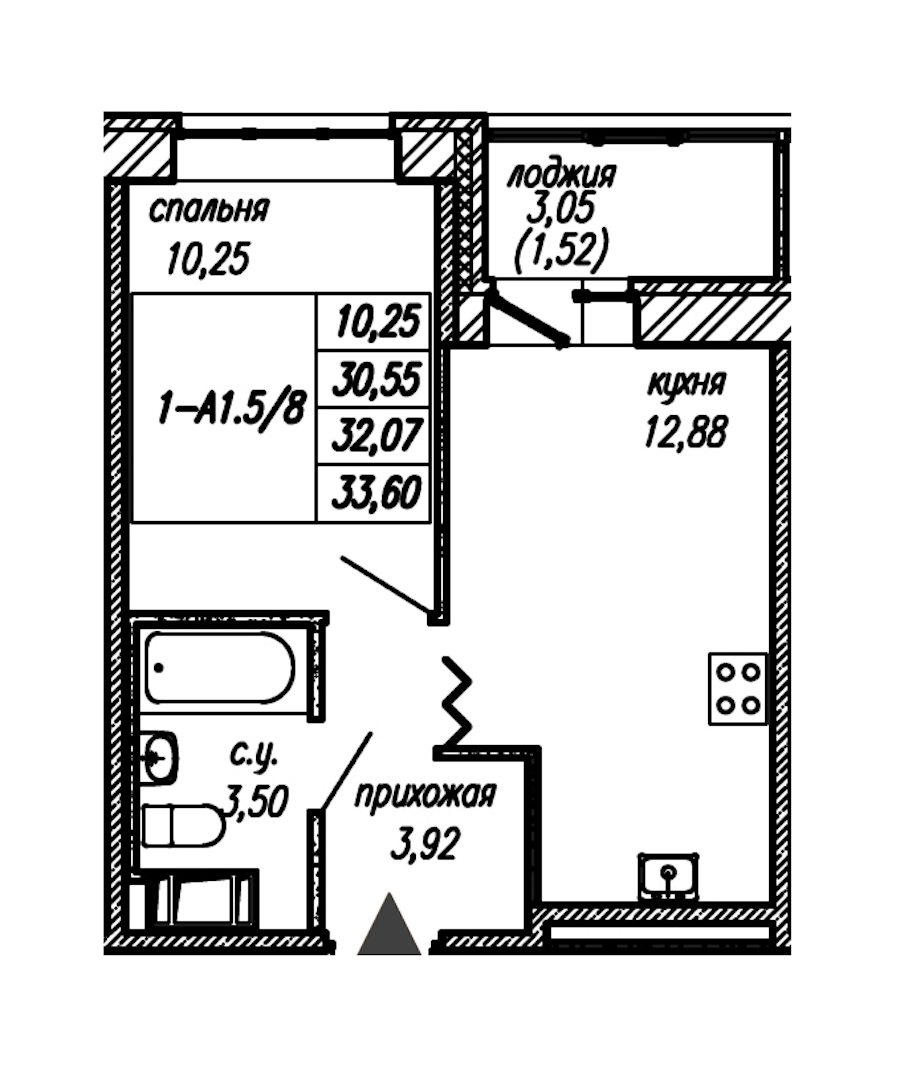1-комнатная квартира 32.07 м², 6/9 эт., ЖК «Уютный»
