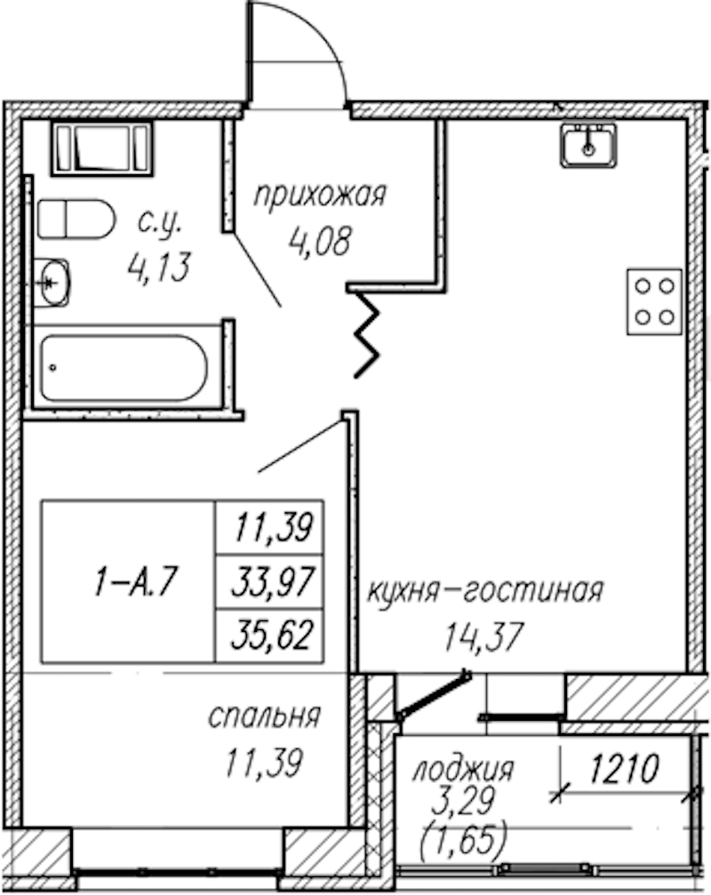 1-комнатная квартира 35.62 м², 4/9 эт., ЖК «Уютный»