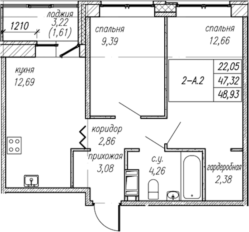 2-комнатная квартира 48.93 м², 8/9 эт., ЖК «Уютный»