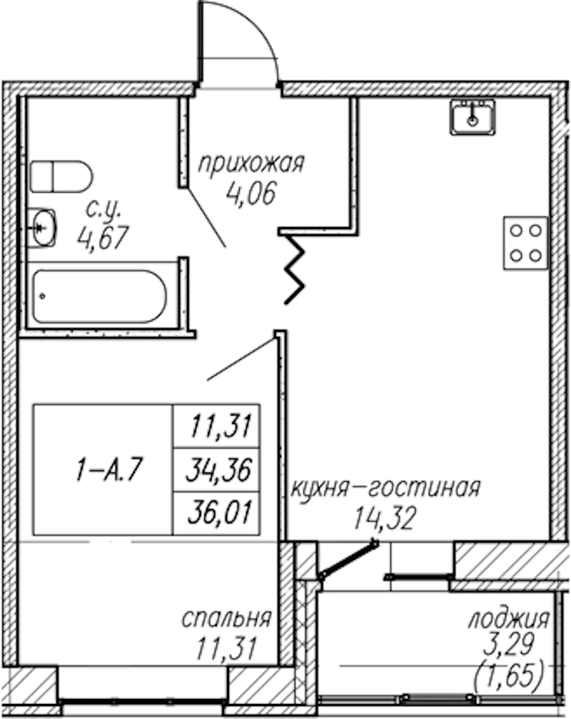 1-комнатная квартира 36.01 м², 2/9 эт., ЖК «Уютный»
