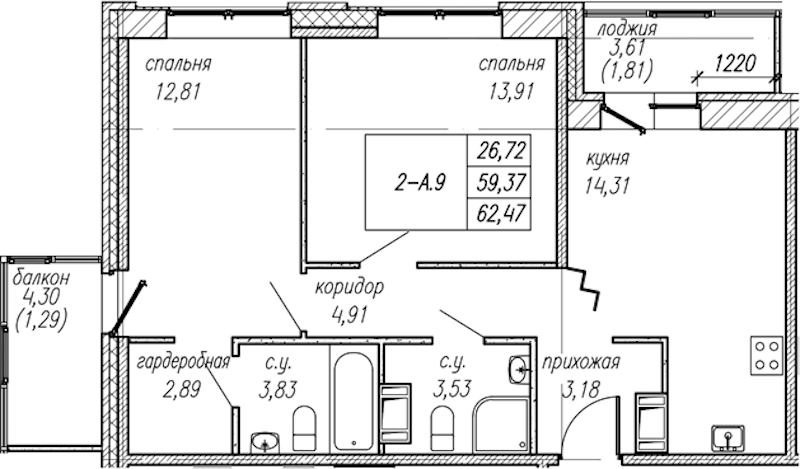 2-комнатная квартира 62.47 м², 9/9 эт., ЖК «Уютный»