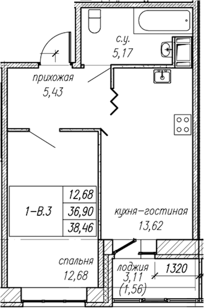 1-комнатная квартира 38.46 м², 5/9 эт., ЖК «Уютный»