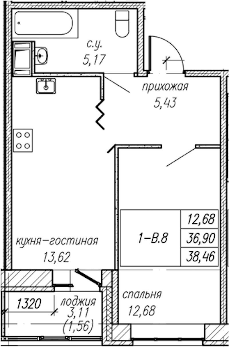1-комнатная квартира 38.46 м², 8/9 эт., ЖК «Уютный»