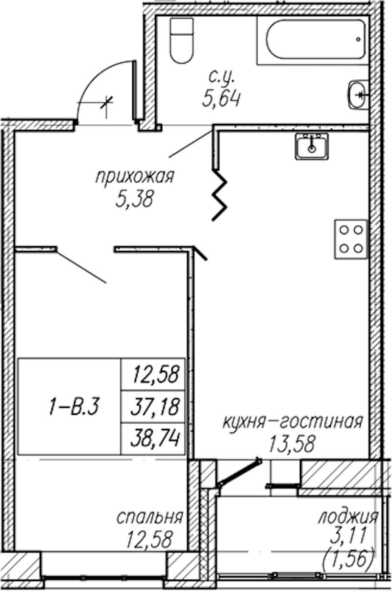 1-комнатная квартира 38.74 м², 2/9 эт., ЖК «Уютный»