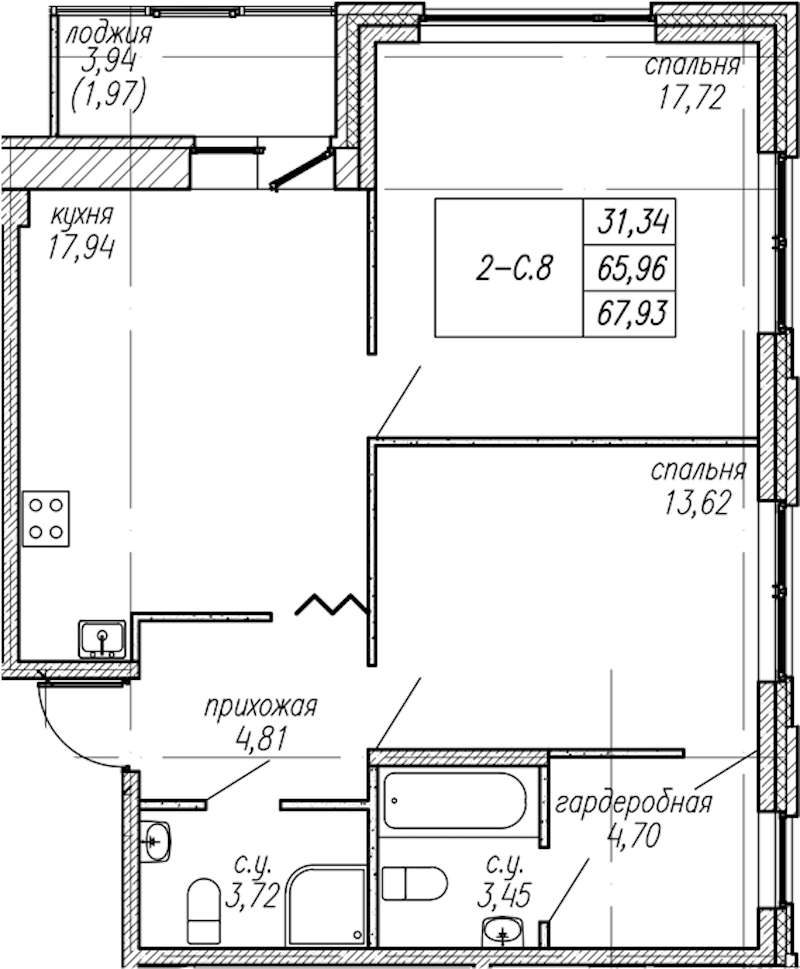 2-комнатная квартира 67.93 м², 2/9 эт., ЖК «Уютный»