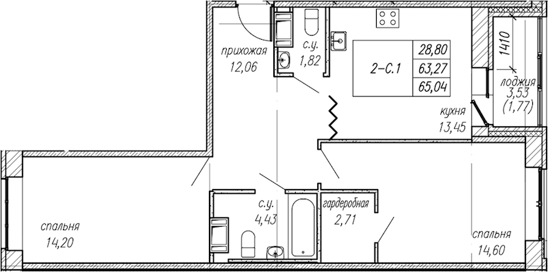 2-комнатная квартира 65.04 м², 9/9 эт., ЖК «Уютный»