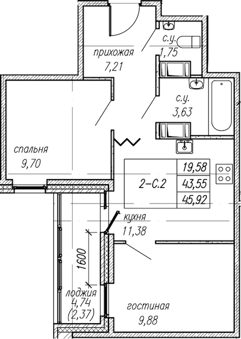 2-комнатная квартира 45.92 м², 9/9 эт., ЖК «Уютный»