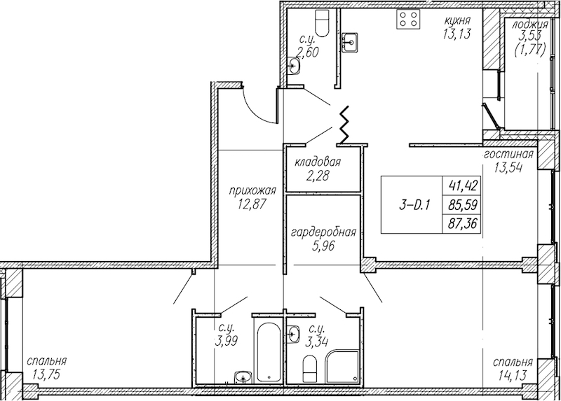 3-комнатная квартира 87.36 м², 2/9 эт., ЖК «Уютный»