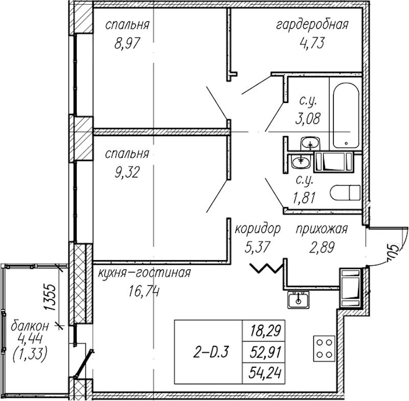 2-комнатная квартира 54.24 м², 3/9 эт., ЖК «Уютный»