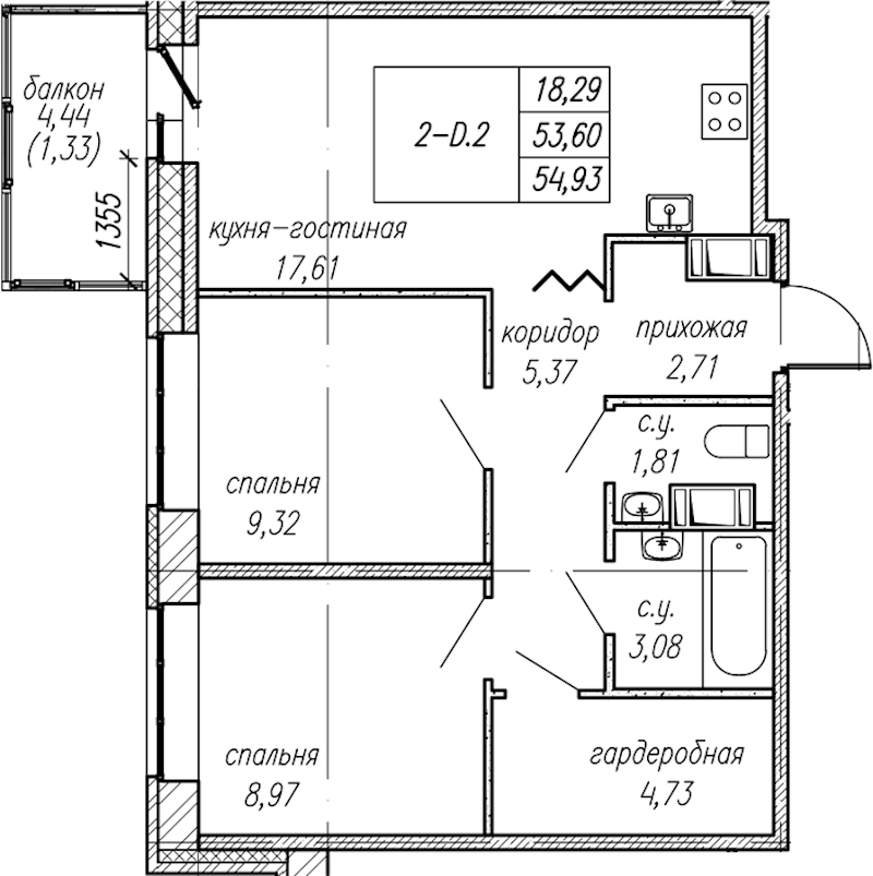 2-комнатная квартира 54.93 м², 5/9 эт., ЖК «Уютный»