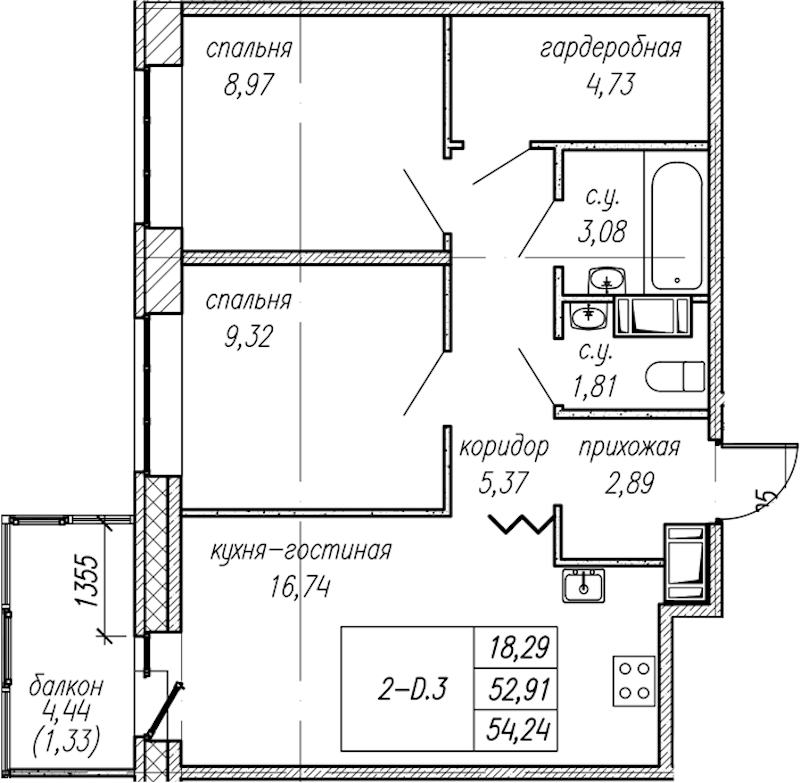 2-комнатная квартира 54.24 м², 9/9 эт., ЖК «Уютный»