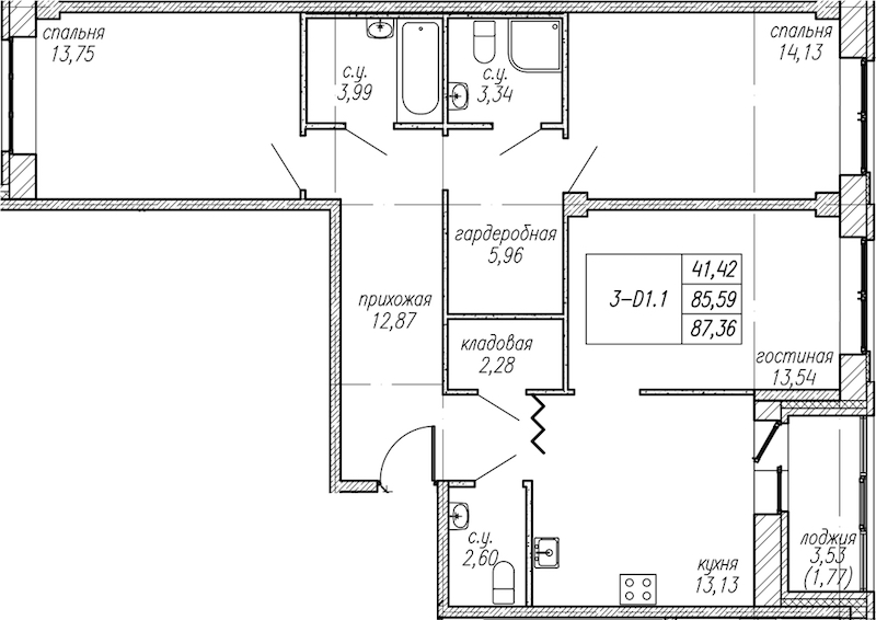3-комнатная квартира 87.36 м², 2/9 эт., ЖК «Уютный»