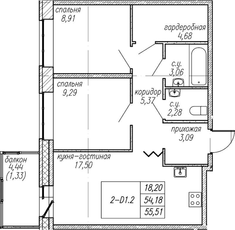 2-комнатная квартира 55.51 м², 2/9 эт., ЖК «Уютный»