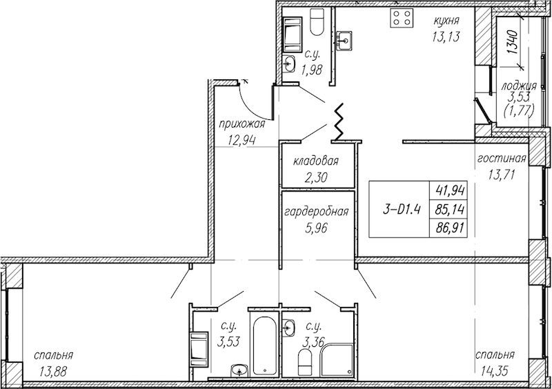 3-комнатная квартира 86.91 м², 6/9 эт., ЖК «Уютный»