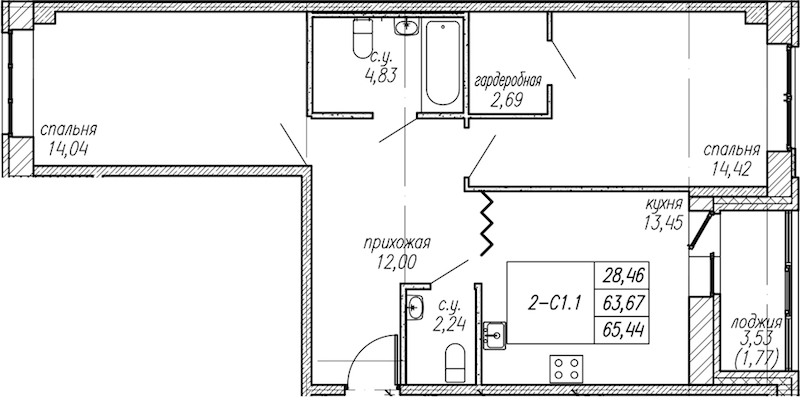 2-комнатная квартира 65.44 м², 2/9 эт., ЖК «Уютный»