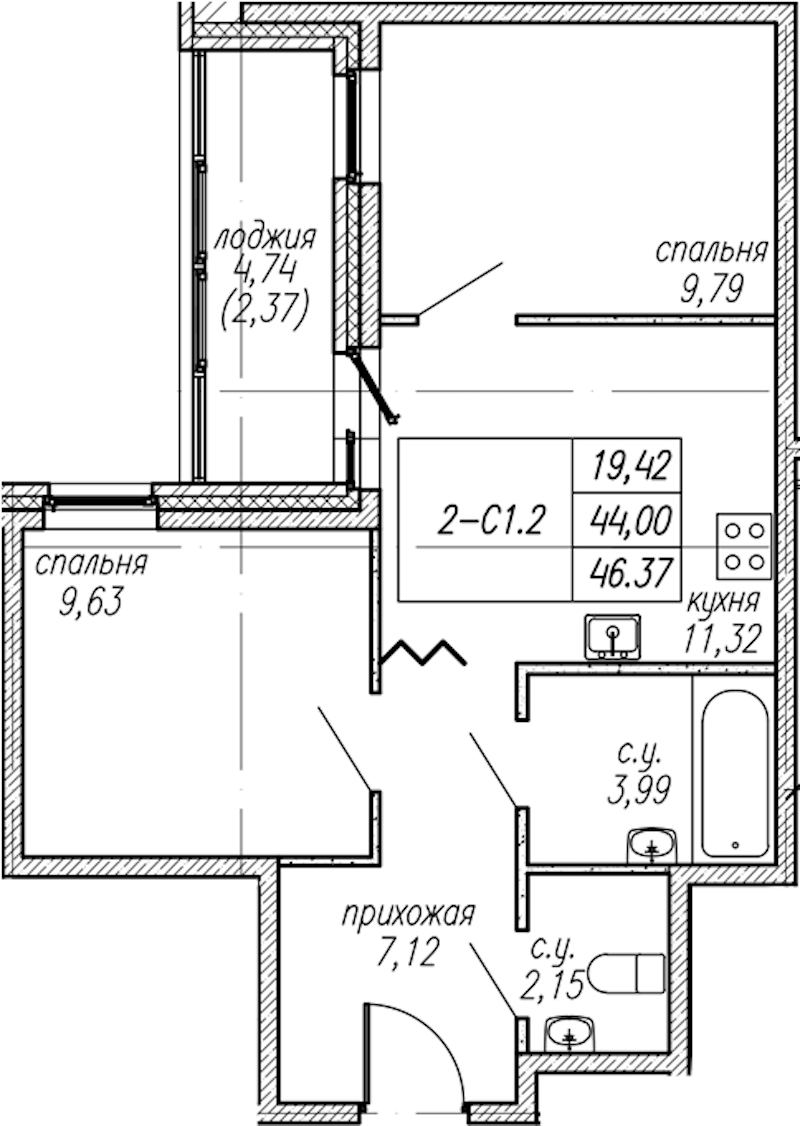 2-комнатная квартира 46.37 м², 2/9 эт., ЖК «Уютный»
