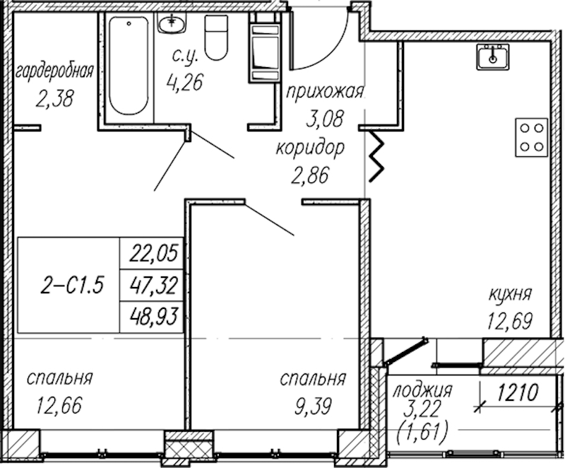 2-комнатная квартира 48.93 м², 3/9 эт., ЖК «Уютный»