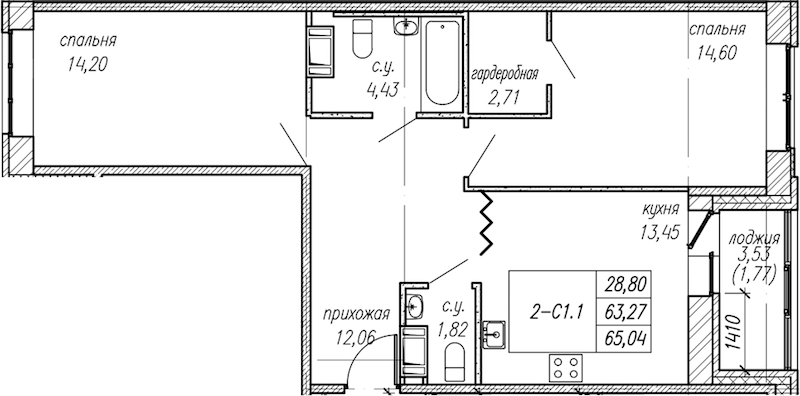 2-комнатная квартира 65.04 м², 7/9 эт., ЖК «Уютный»