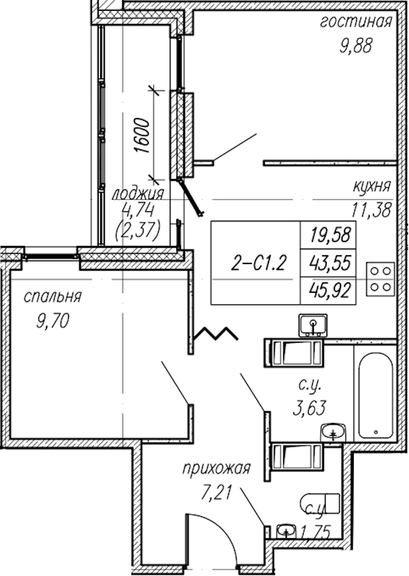 2-комнатная квартира 45.92 м², 9/9 эт., ЖК «Уютный»