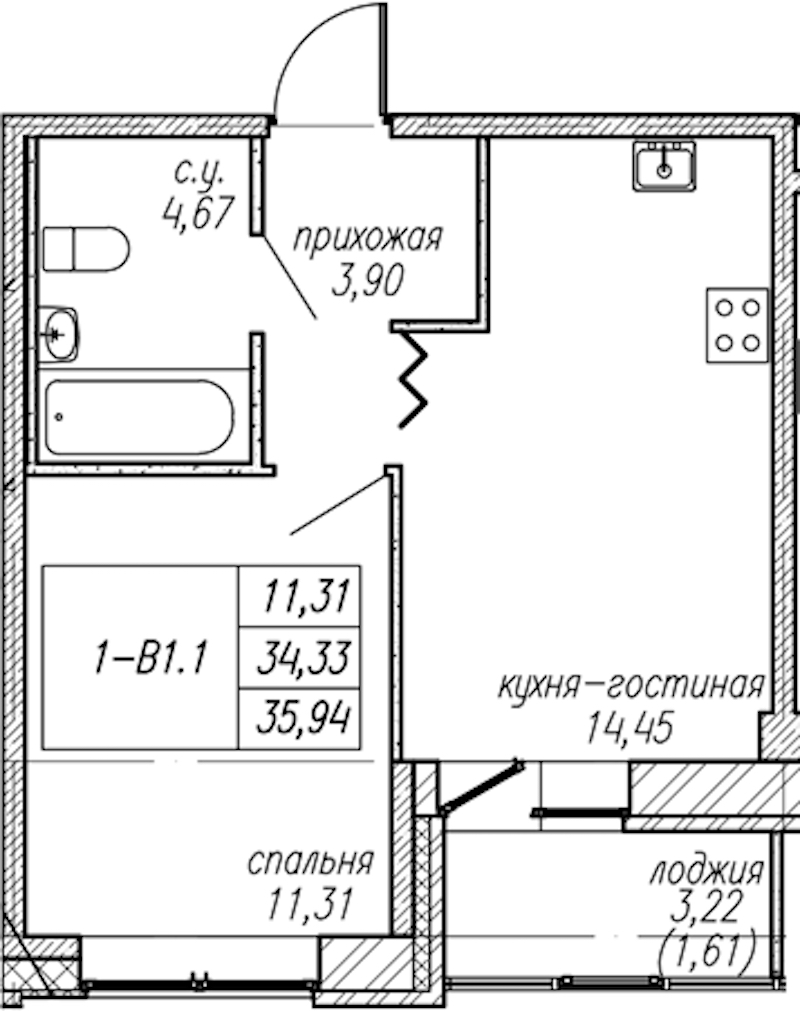 1-комнатная квартира 35.94 м², 2/9 эт., ЖК «Уютный»