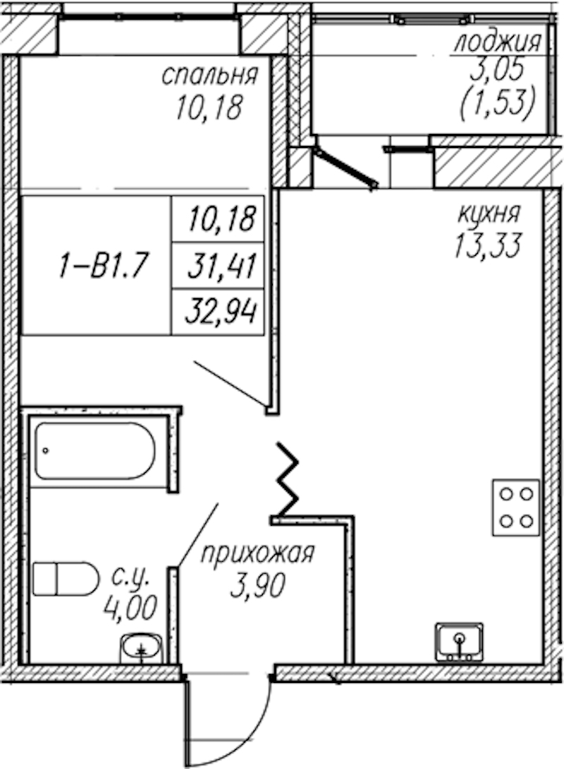 1-комнатная квартира 32.94 м², 2/9 эт., ЖК «Уютный»
