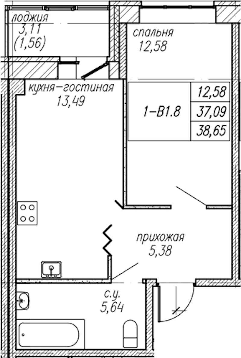 1-комнатная квартира 38.65 м², 2/9 эт., ЖК «Уютный»