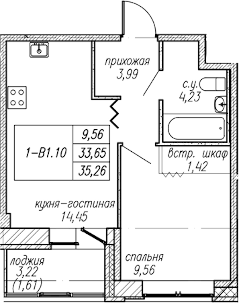 1-комнатная квартира 35.26 м², 2/9 эт., ЖК «Уютный»