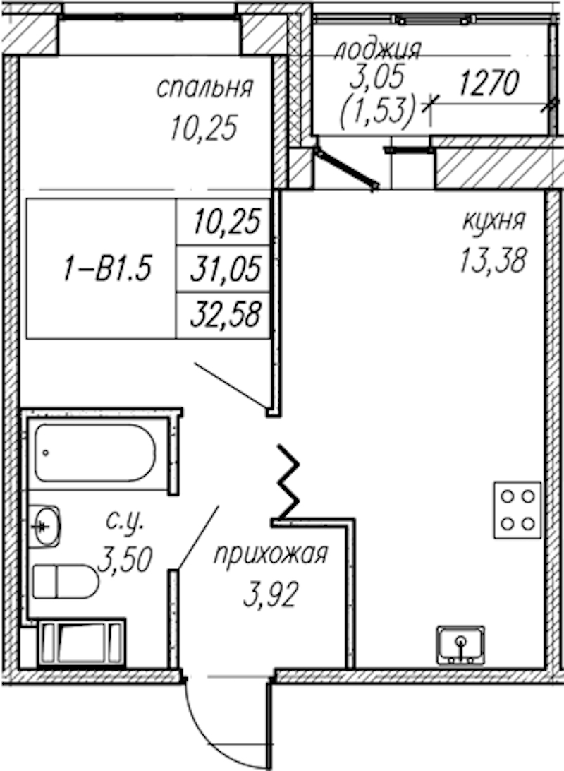 1-комнатная квартира 32.58 м², 4/9 эт., ЖК «Уютный»