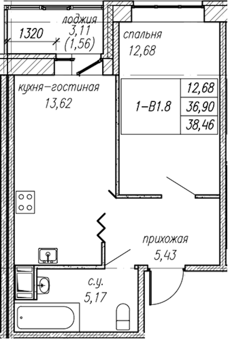 1-комнатная квартира 38.46 м², 5/9 эт., ЖК «Уютный»