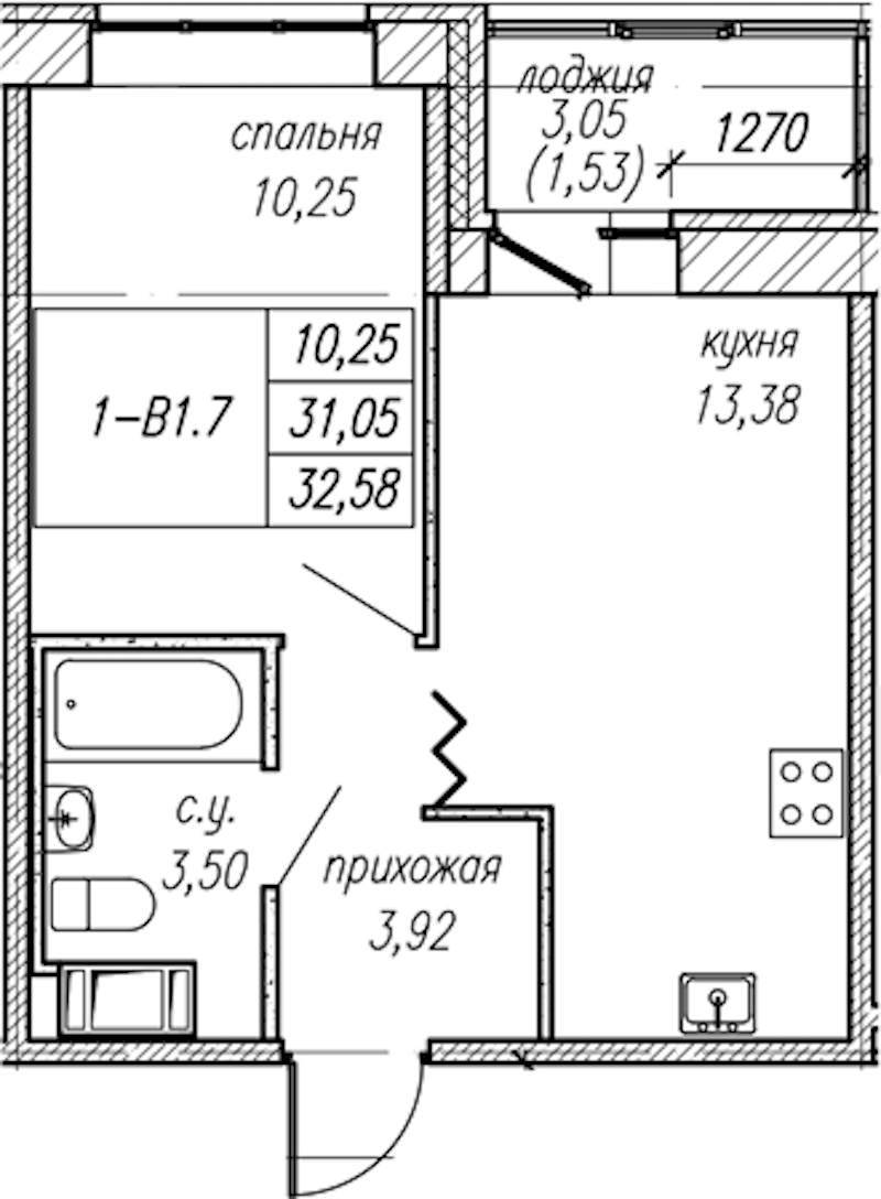 1-комнатная квартира 32.58 м², 6/9 эт., ЖК «Уютный»