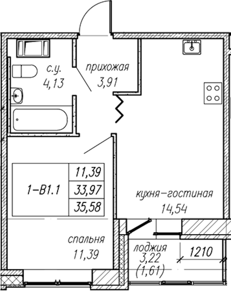 1-комнатная квартира 35.58 м², 7/9 эт., ЖК «Уютный»