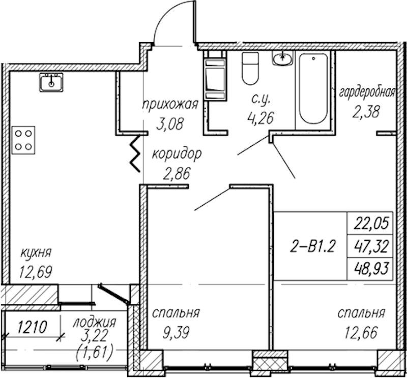 2-комнатная квартира 48.93 м², 7/9 эт., ЖК «Уютный»