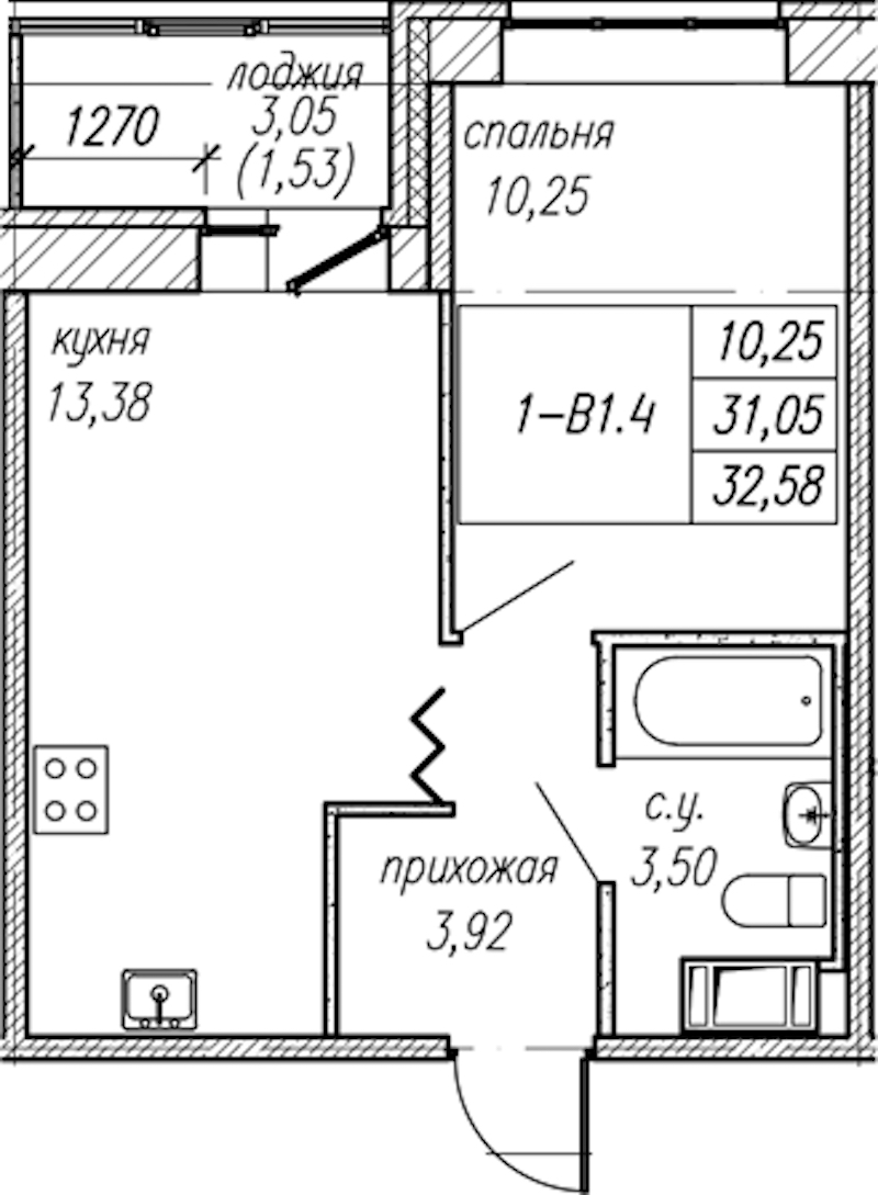 1-комнатная квартира 32.58 м², 7/9 эт., ЖК «Уютный»