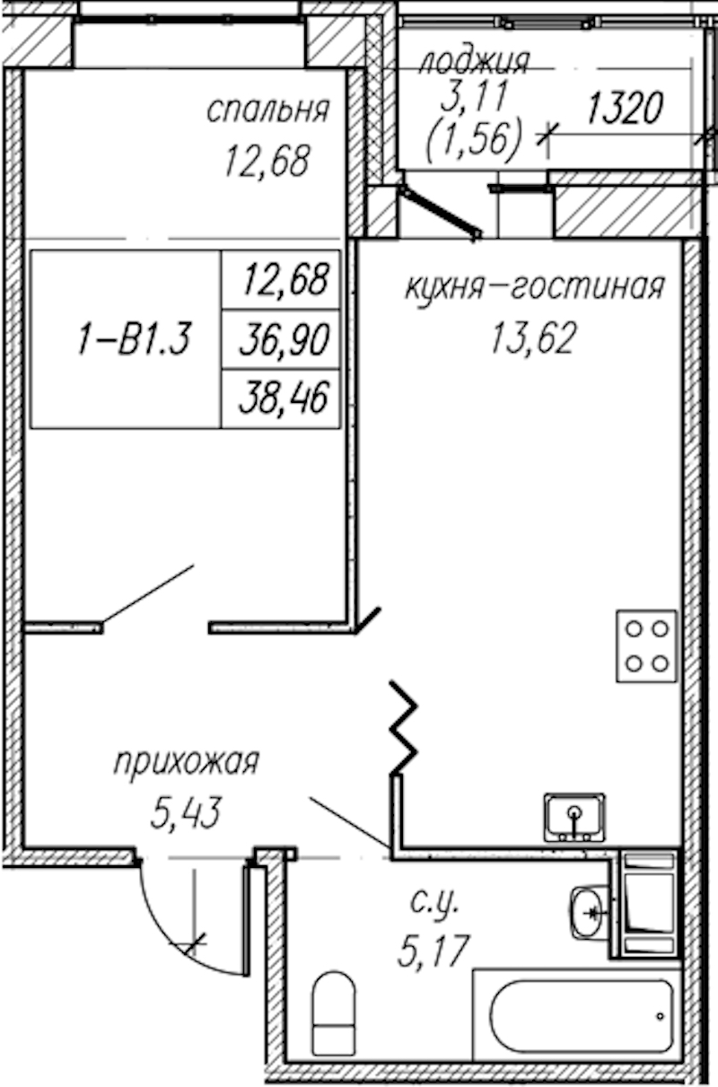 1-комнатная квартира 38.46 м², 8/9 эт., ЖК «Уютный»