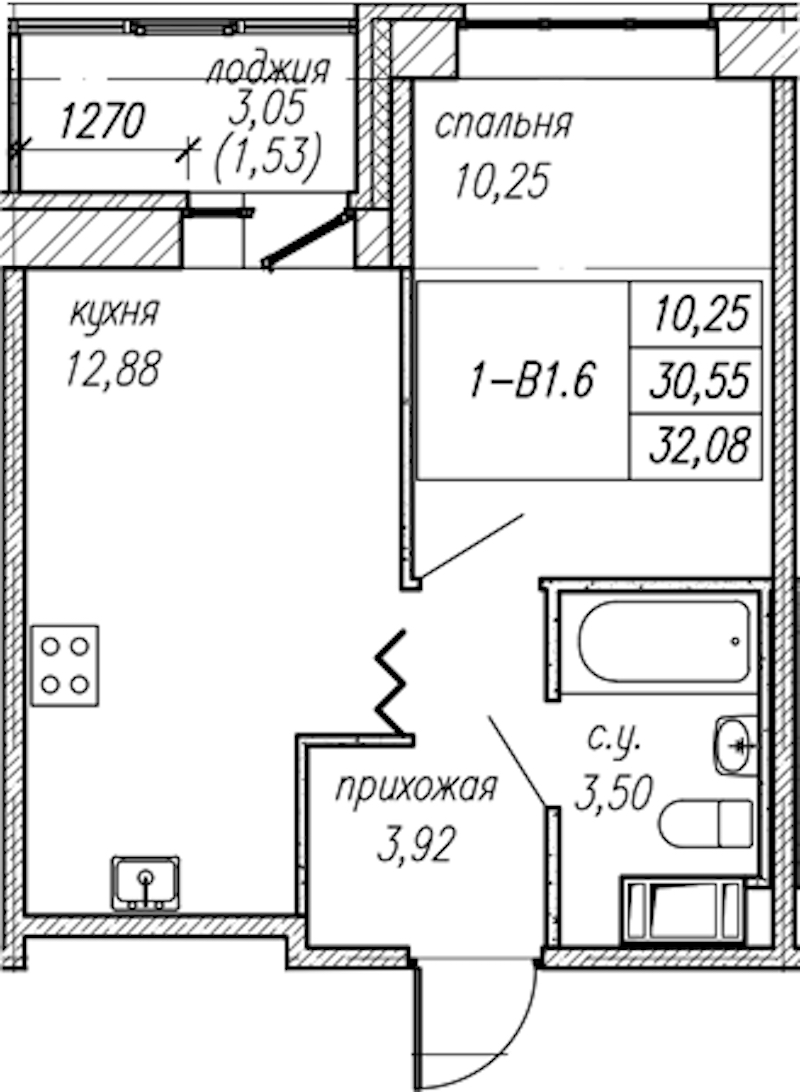 1-комнатная квартира 32.08 м², 8/9 эт., ЖК «Уютный»