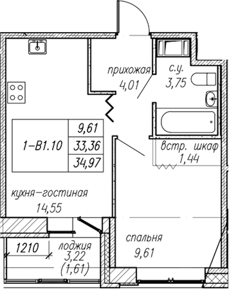 1-комнатная квартира 34.97 м², 8/9 эт., ЖК «Уютный»