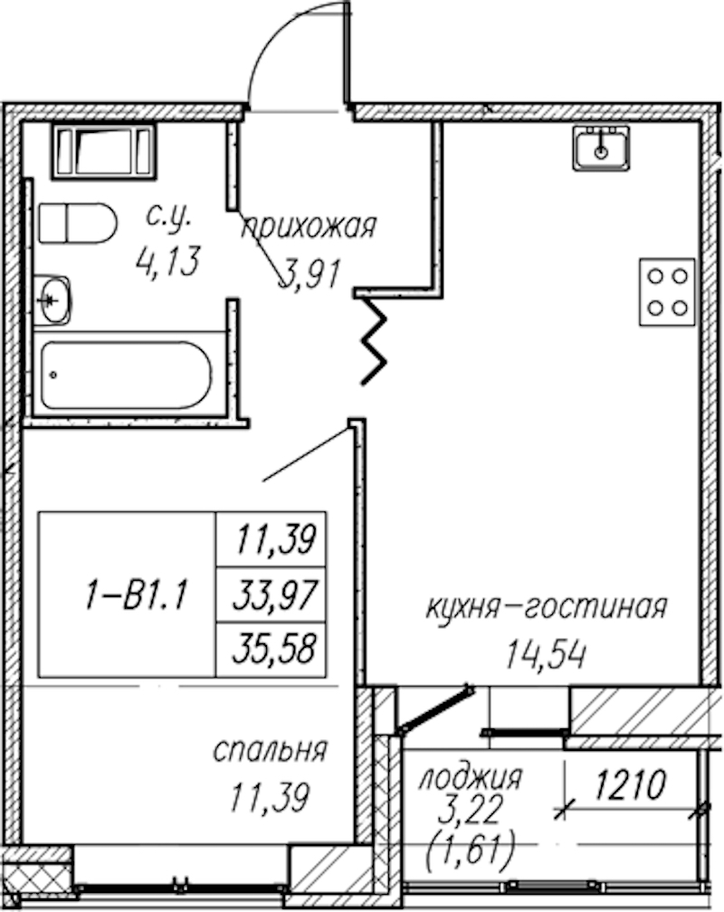 1-комнатная квартира 35.58 м², 9/9 эт., ЖК «Уютный»