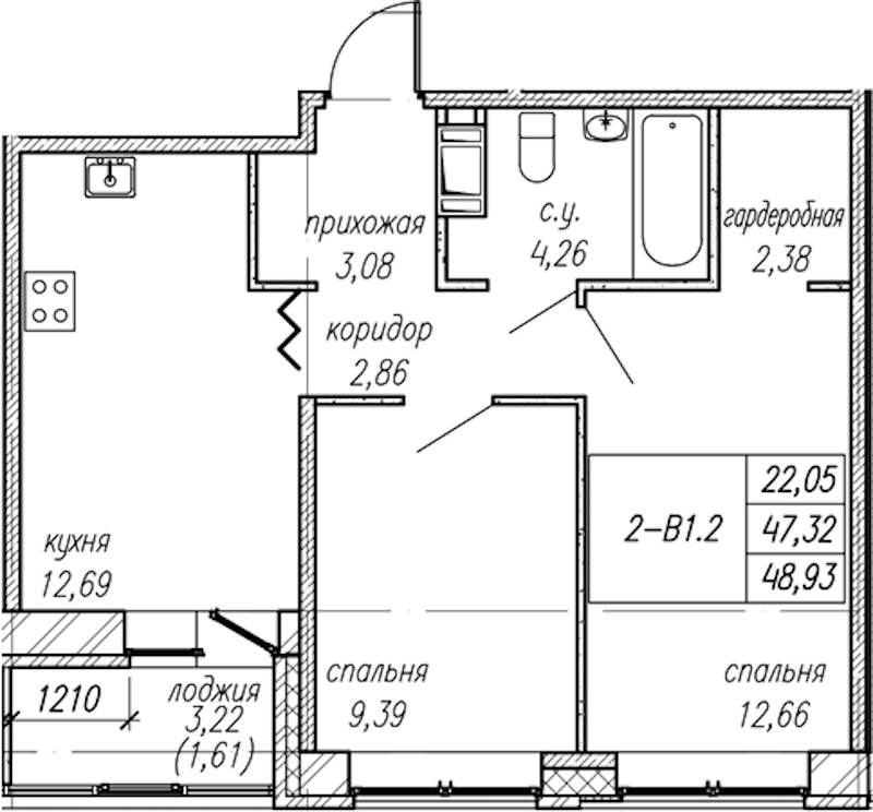 2-комнатная квартира 48.93 м², 9/9 эт., ЖК «Уютный»