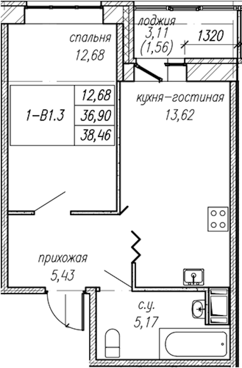 1-комнатная квартира 38.46 м², 9/9 эт., ЖК «Уютный»