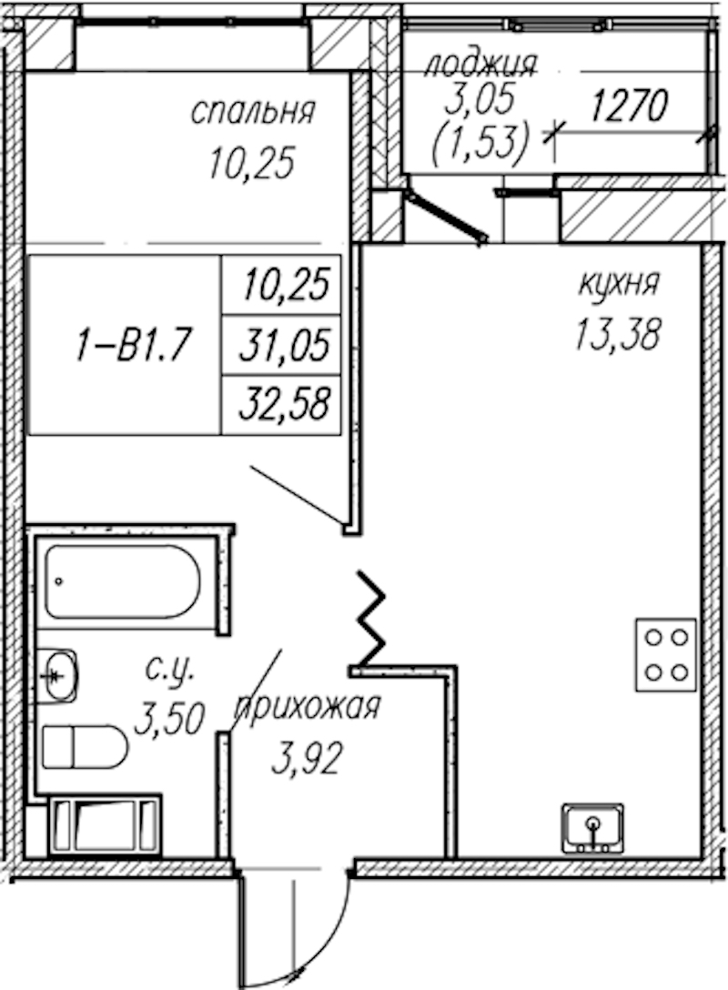 1-комнатная квартира 32.58 м², 9/9 эт., ЖК «Уютный»