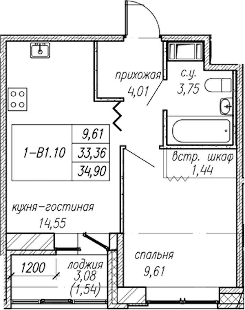 1-комнатная квартира 34.9 м², 9/9 эт., ЖК «Уютный»