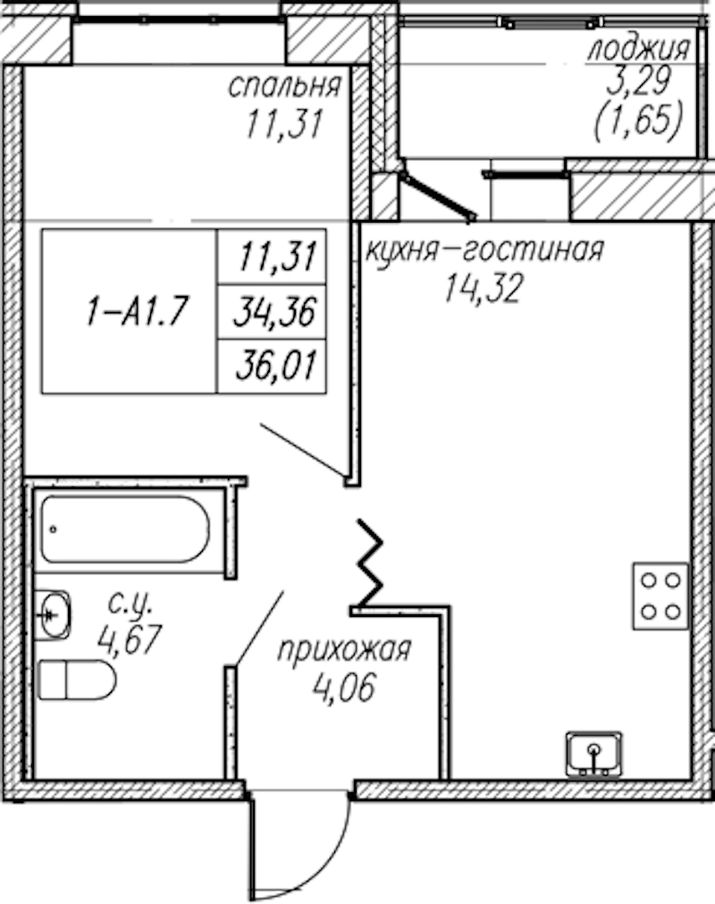 1-комнатная квартира 36.01 м², 2/9 эт., ЖК «Уютный»