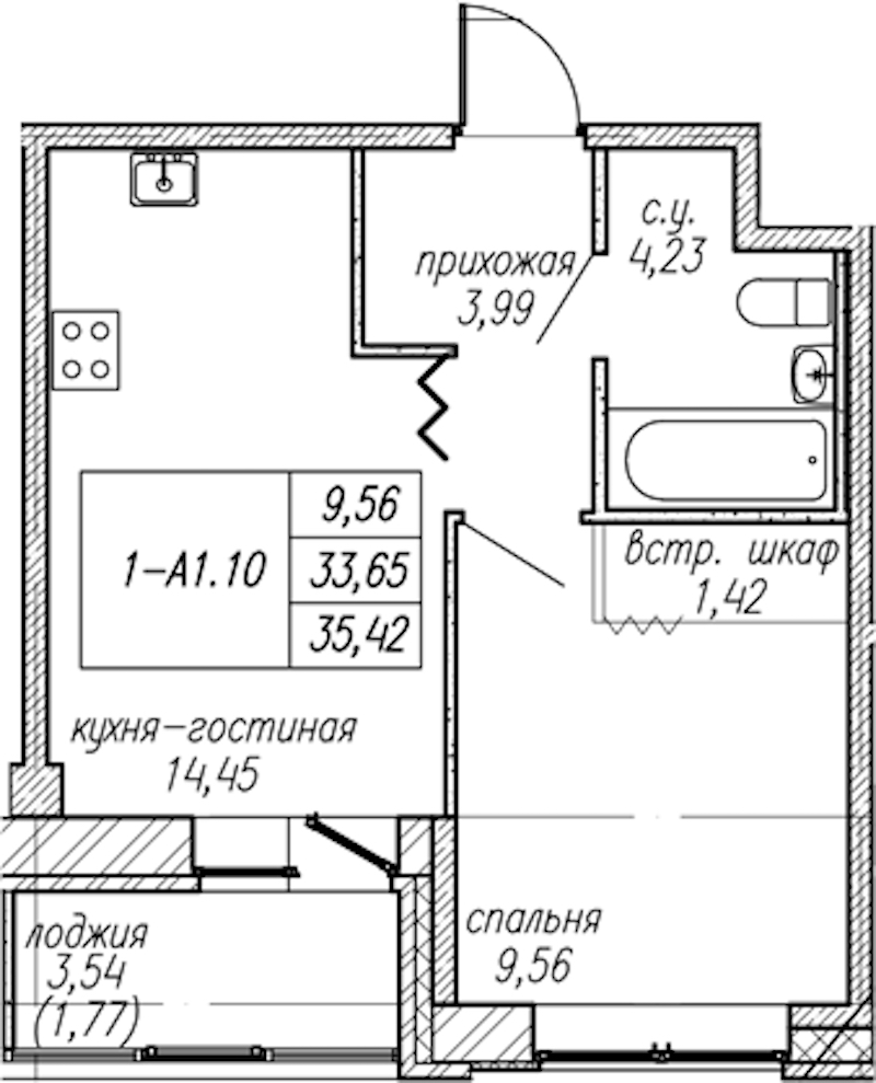 1-комнатная квартира 35.42 м², 2/9 эт., ЖК «Уютный»