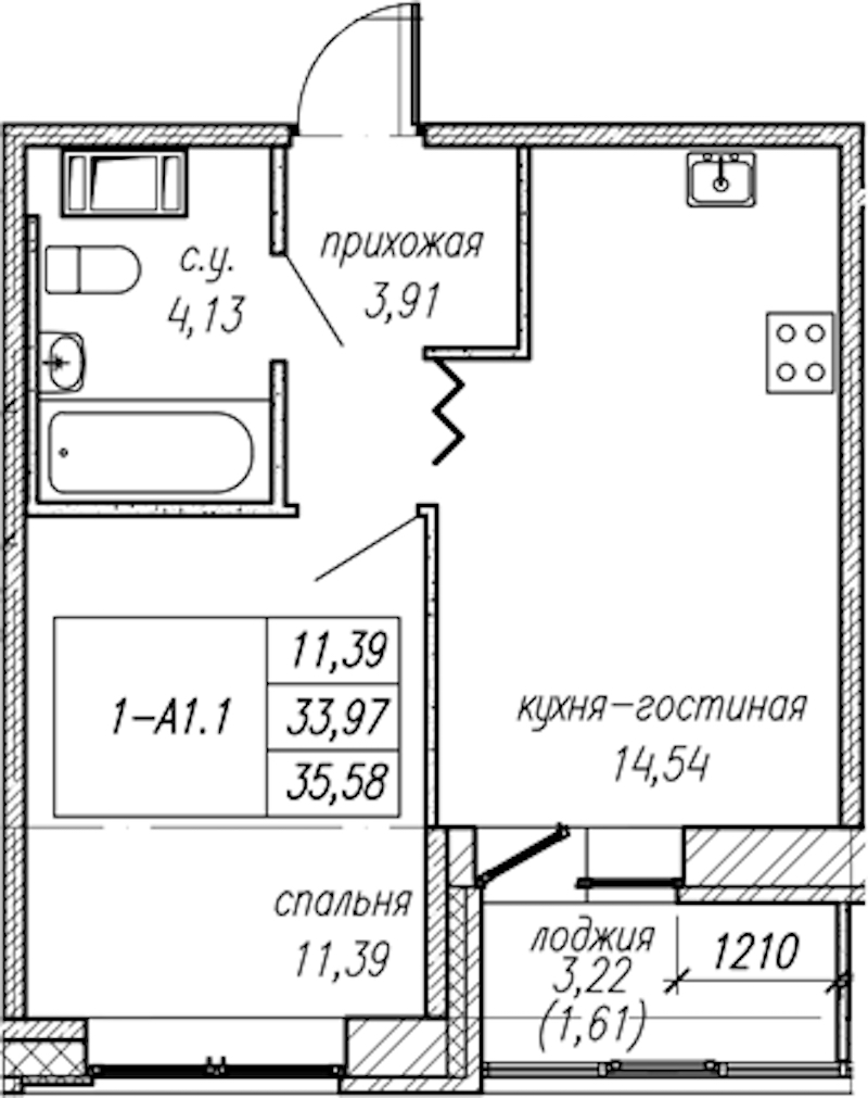 1-комнатная квартира 35.58 м², 3/9 эт., ЖК «Уютный»