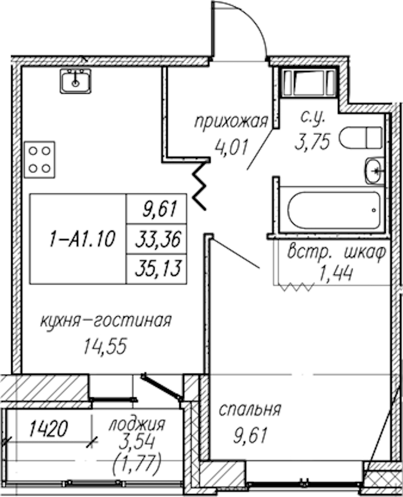 1-комнатная квартира 35.13 м², 3/9 эт., ЖК «Уютный»