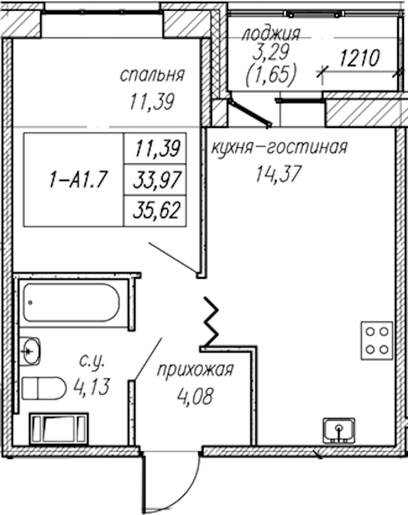 1-комнатная квартира 35.62 м², 4/9 эт., ЖК «Уютный»