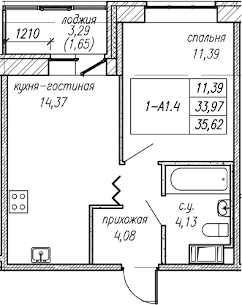 1-комнатная квартира 35.62 м², 7/9 эт., ЖК «Уютный»
